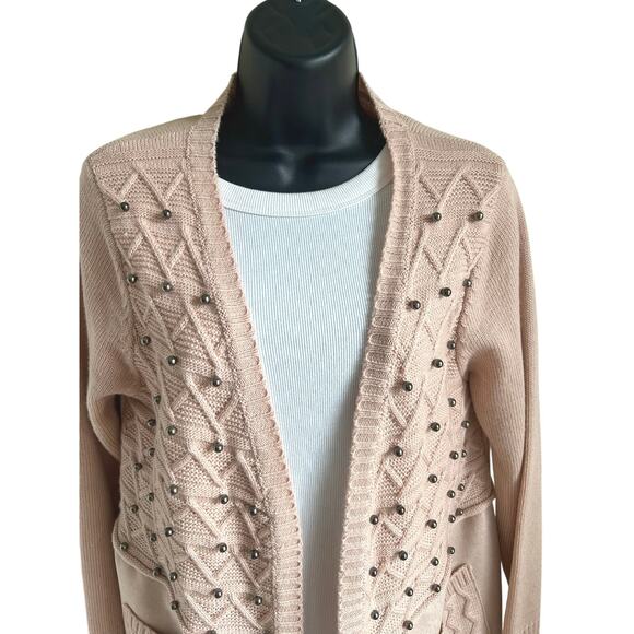 Luxe Boho Blush Cardigan Simply Couture Wool Blend Studded Knit Suede Pockets M - Picture 3 of 7